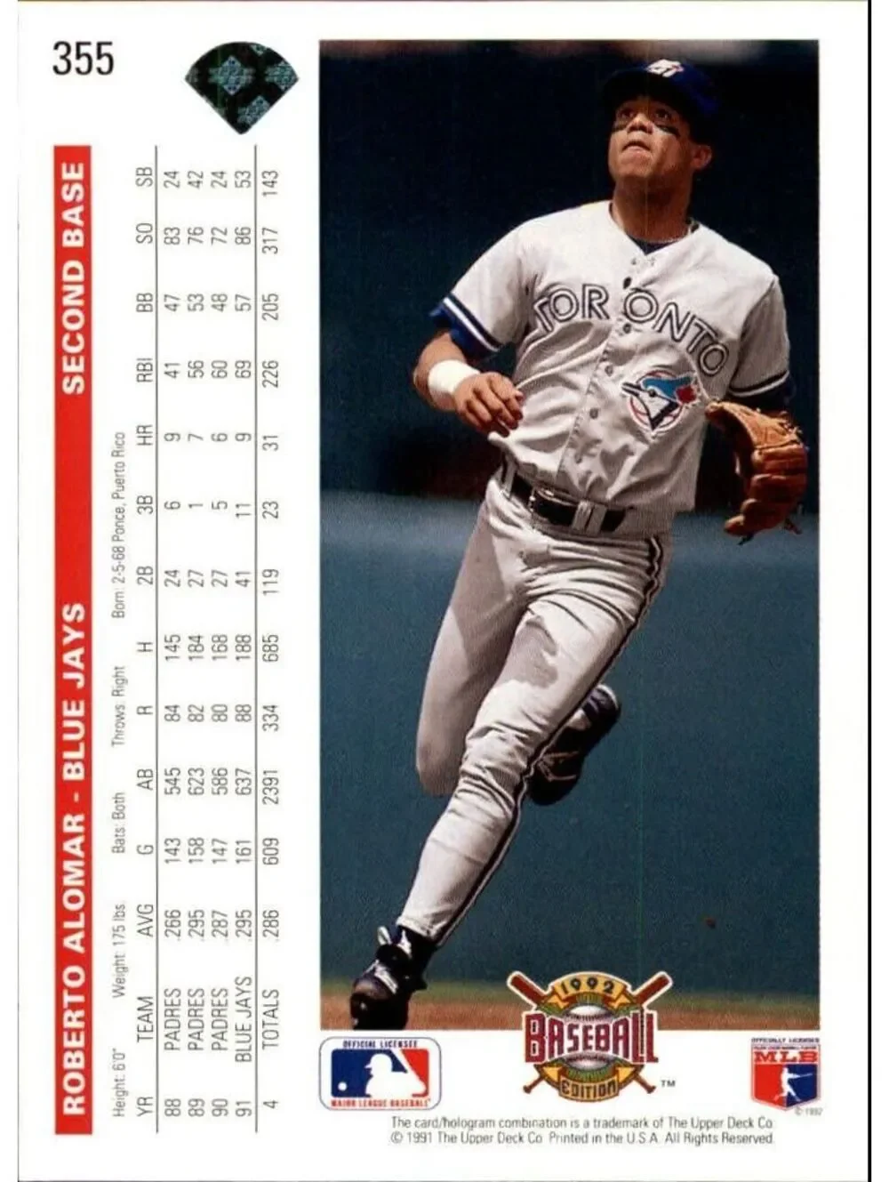 Roberto Alomar 1992 Upper Deck MLB #355 Baseball Card Toronto Blue Jays